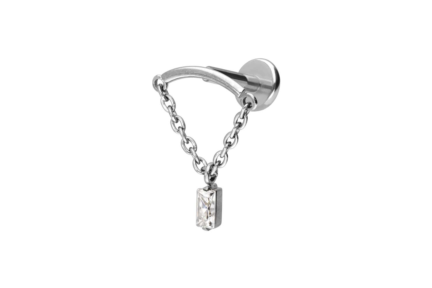 Titan Labret Piercing mit Push Fit BOGEN + KETTE + KRISTALLRECHTECK